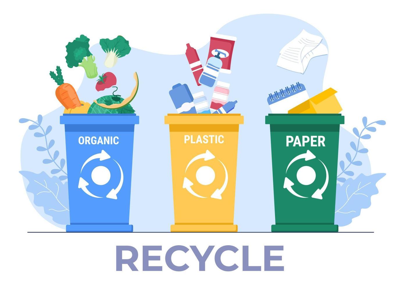 Recicle el proceso con basura orgánica, papel o plástico para proteger el medio ambiente ecológico adecuado para banner, fondo y web en ilustración plana vector