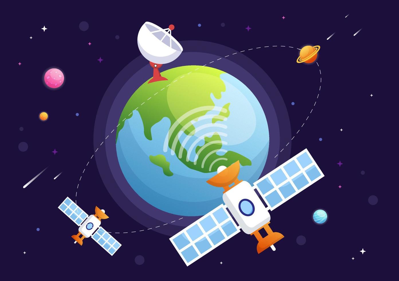 Artificial Satellites Orbiting the Planet Earth with Wireless Technology Global 5G Internet Network Satellite Communication in Flat Background Illustration vector