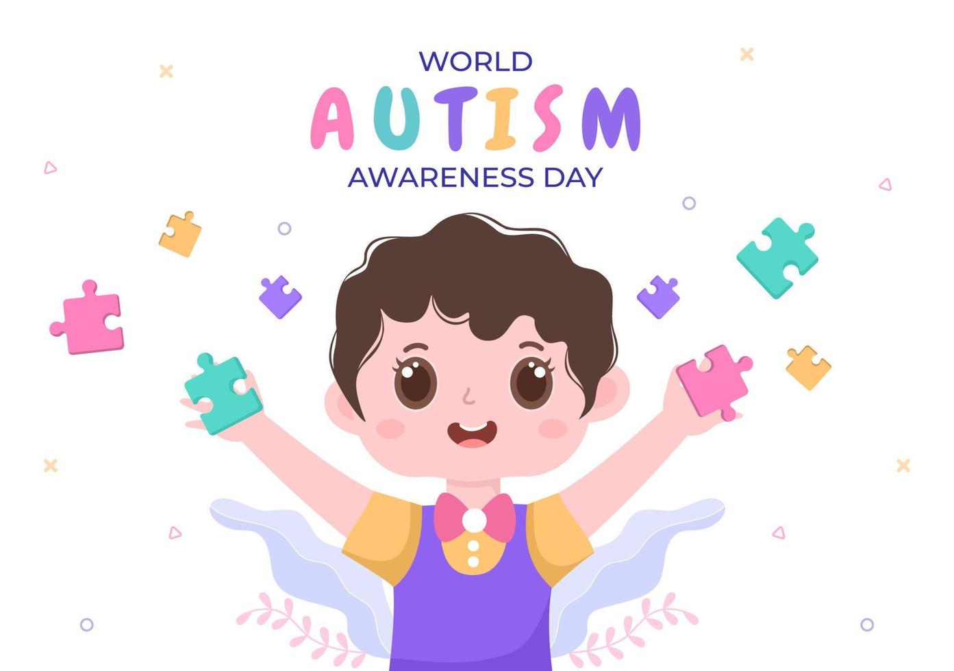 Día mundial de concientización sobre el autismo con niños de carácter lindo y mano de piezas de rompecabezas adecuadas para tarjetas de felicitación, carteles o pancartas en la ilustración de diseño plano vector