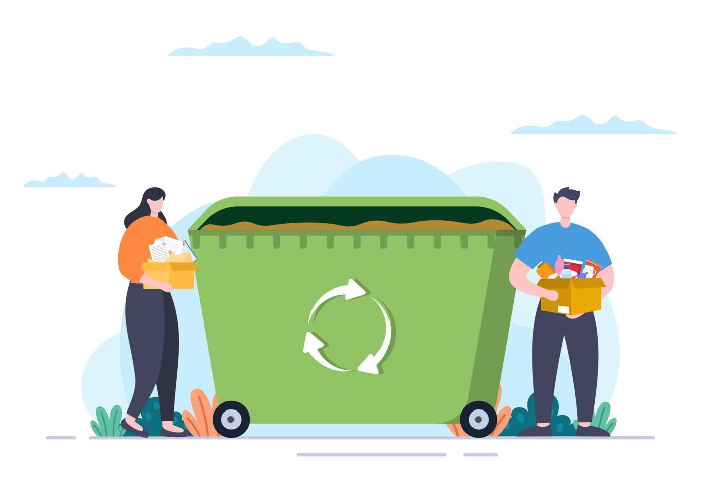 Recicle el proceso con basura orgánica, papel o plástico para proteger el medio ambiente ecológico adecuado para banner, fondo y web en ilustración plana vector