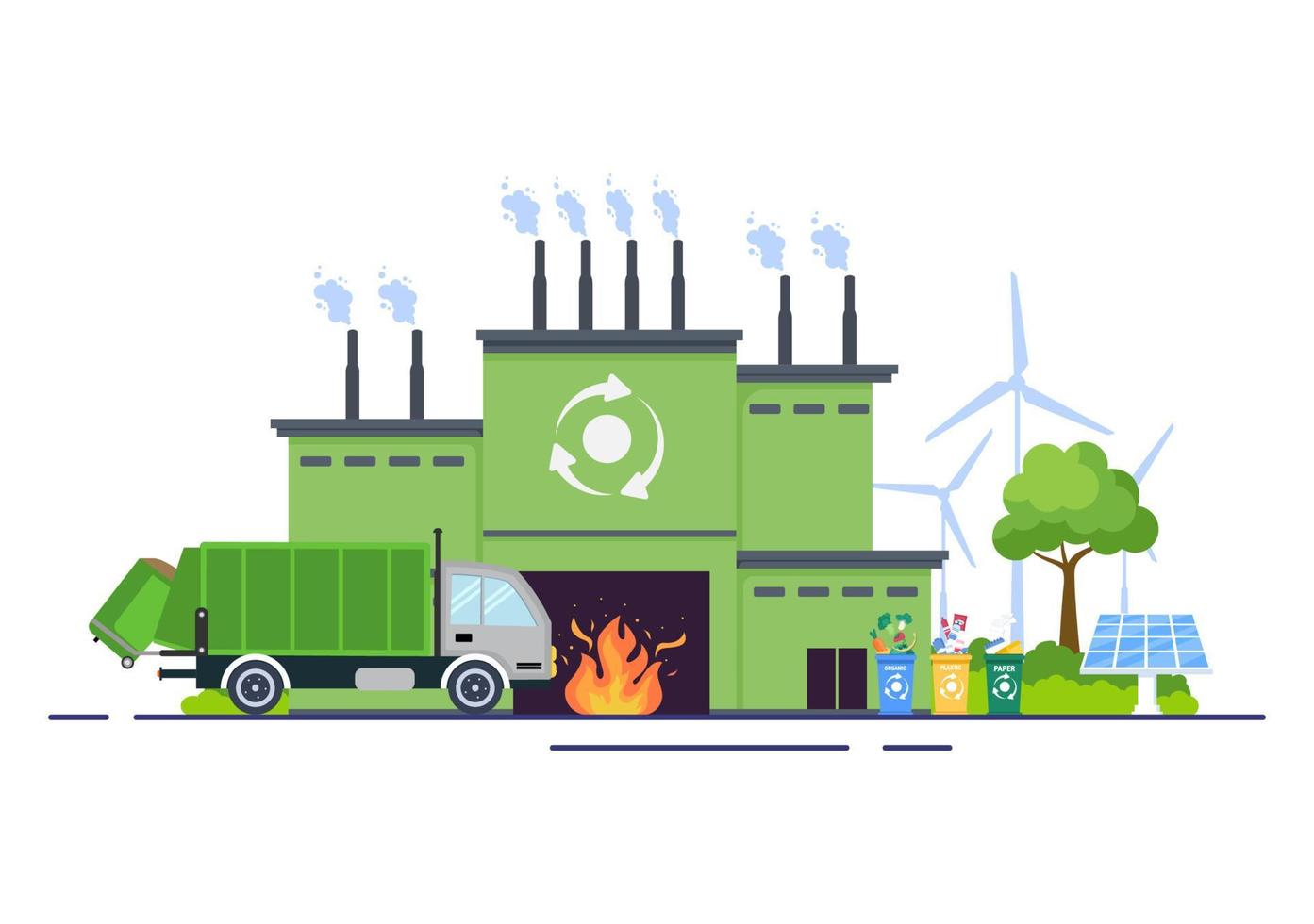 Recycling Ecology Process Flat Illustration Background with Organic Waste, Paper or Plastic Picked up on a Truck and Brought to Burn vector