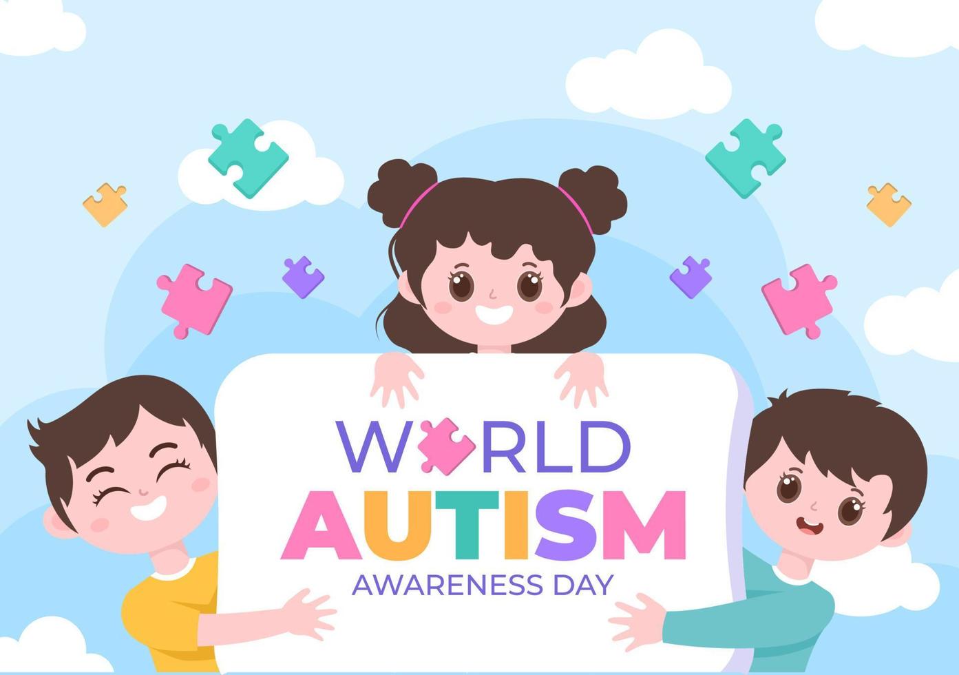 World Autism Awareness Day with Cute Character Kids and Hand of Puzzle Pieces Suitable for Greeting Card, Poster or Banner in Flat Design Illustration vector