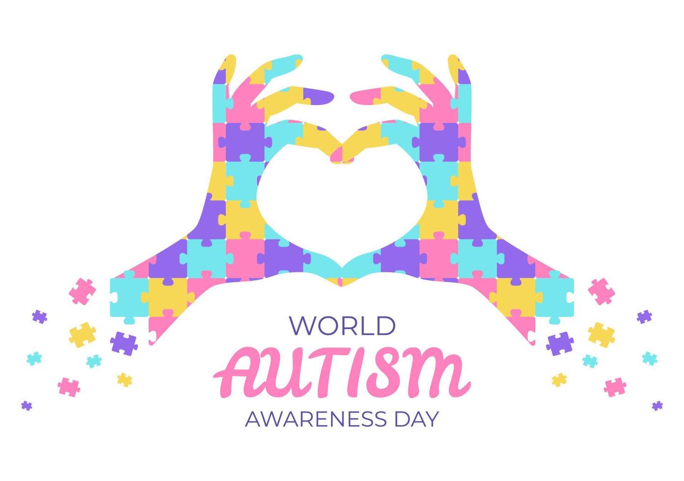 Día mundial de concientización sobre el autismo con piezas de mano y rompecabezas adecuadas para tarjetas de felicitación, carteles y pancartas en ilustraciones de diseño plano vector
