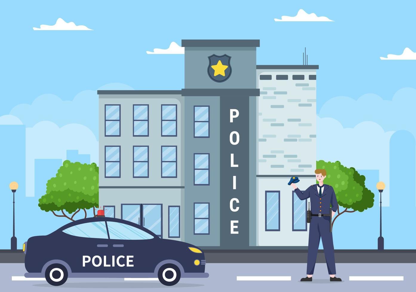 Edificio del departamento de la estación de policía con policía y coche de policía en la ilustración de fondo de estilo plano vector