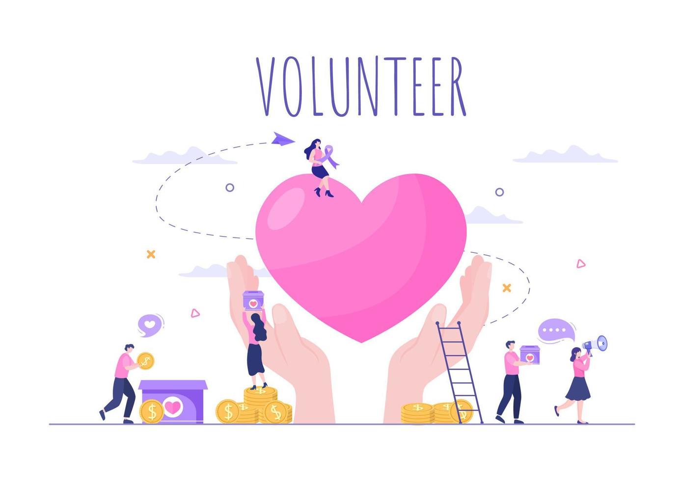 Love Charity or Giving Donation via Volunteer Team Worked Together to Help and Collect Donations for Poster or Banner in Flat Design Illustration vector