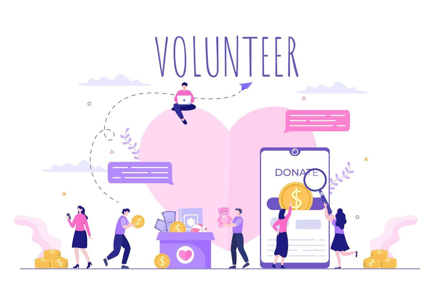 Love Charity or Online Giving Donation via Volunteer Team Worked Together to Help and Collect Donations for Poster or Banner in Flat Design Illustration vector