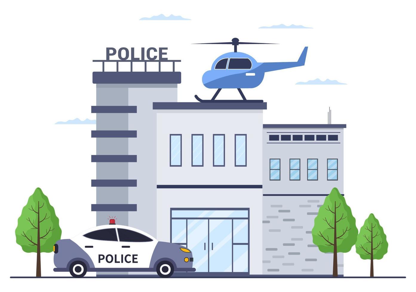 Edificio del departamento de la estación de policía con policía y coche de policía en la ilustración de fondo de estilo plano vector