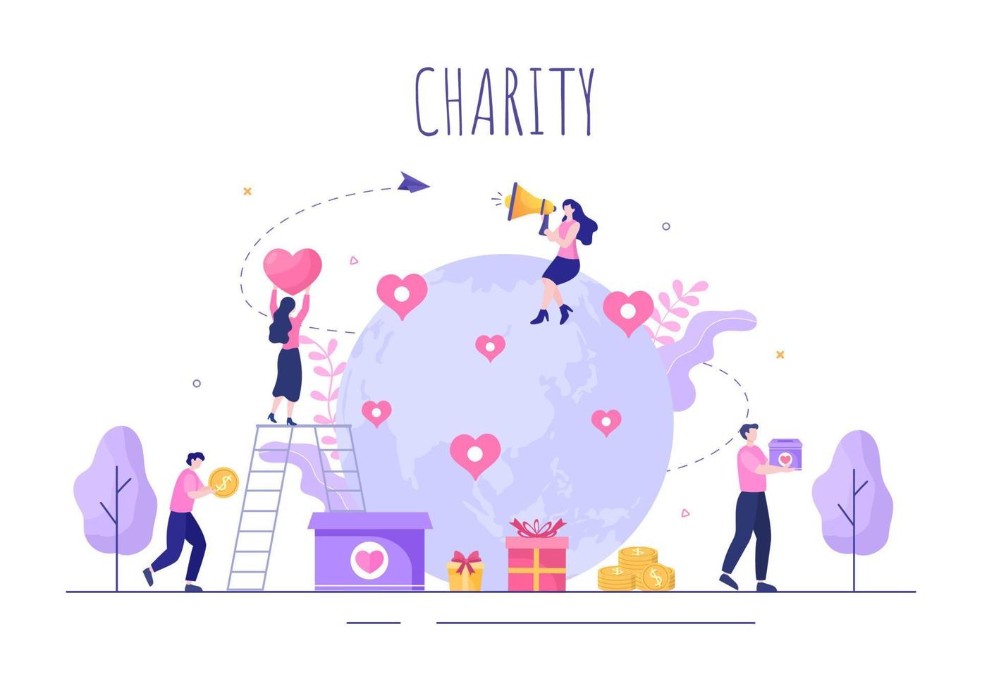 Love Charity or Giving Donation via Volunteer Team Worked Together to Help and Collect Donations for Poster or Banner in Flat Design Illustration vector