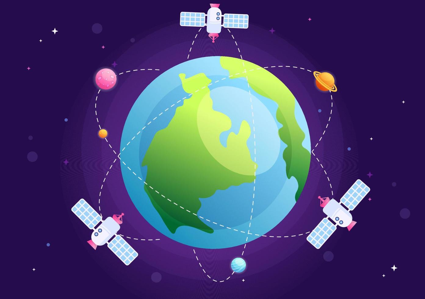 satélites artificiales que orbitan el planeta tierra con tecnología inalámbrica red global de internet 5g comunicación por satélite en ilustración de fondo plano vector