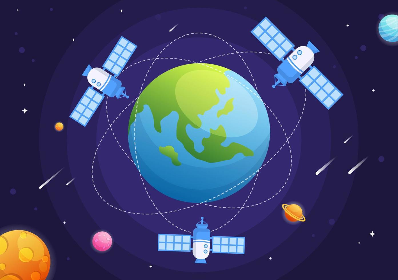 Artificial Satellites Orbiting the Planet Earth with Wireless Technology Global 5G Internet Network Satellite Communication in Flat Background Illustration vector