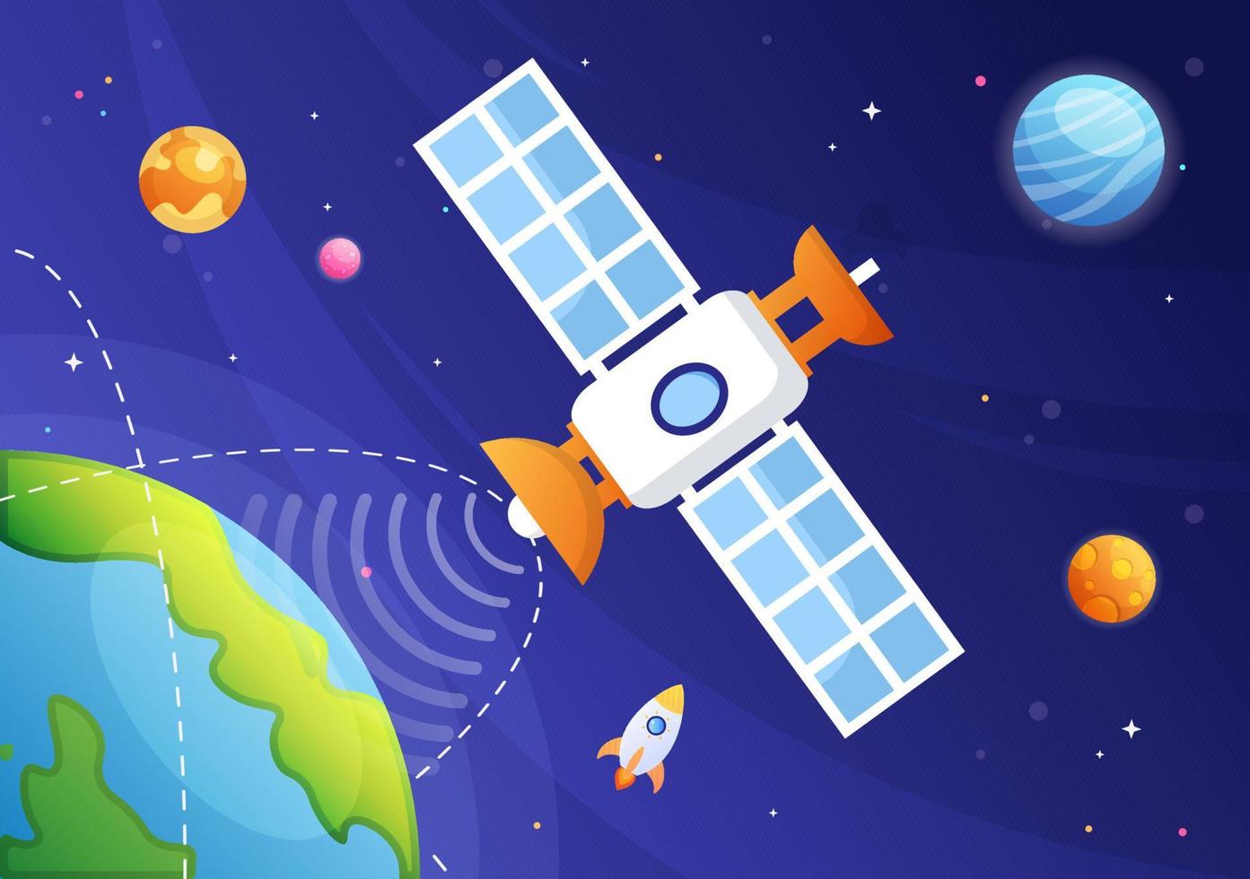 Artificial Satellites Orbiting the Planet Earth with Wireless Technology Global 5G Internet Network Satellite Communication in Flat Background Illustration vector