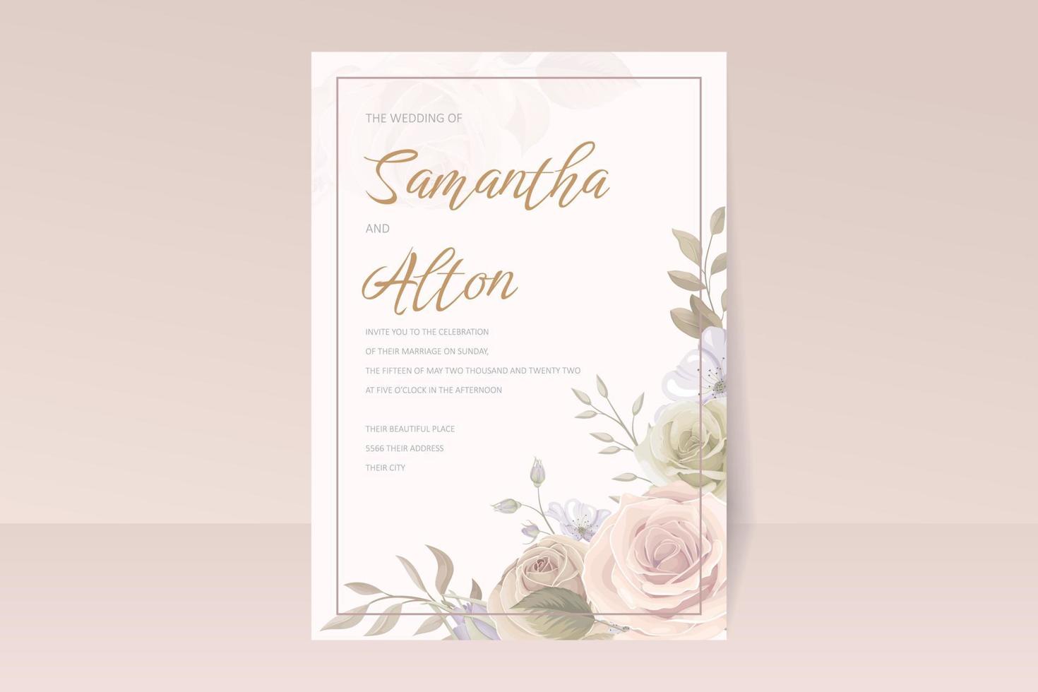 hermosa tarjeta de invitación de boda floral suave y hojas vector