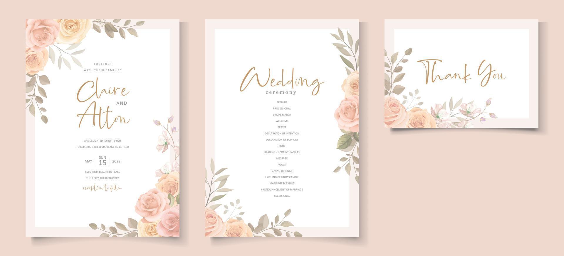 Elegant wedding invitation template with peach color floral theme vector