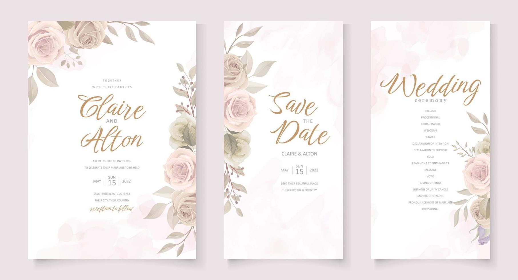 Beautiful soft floral and leaves wedding invitation card vector