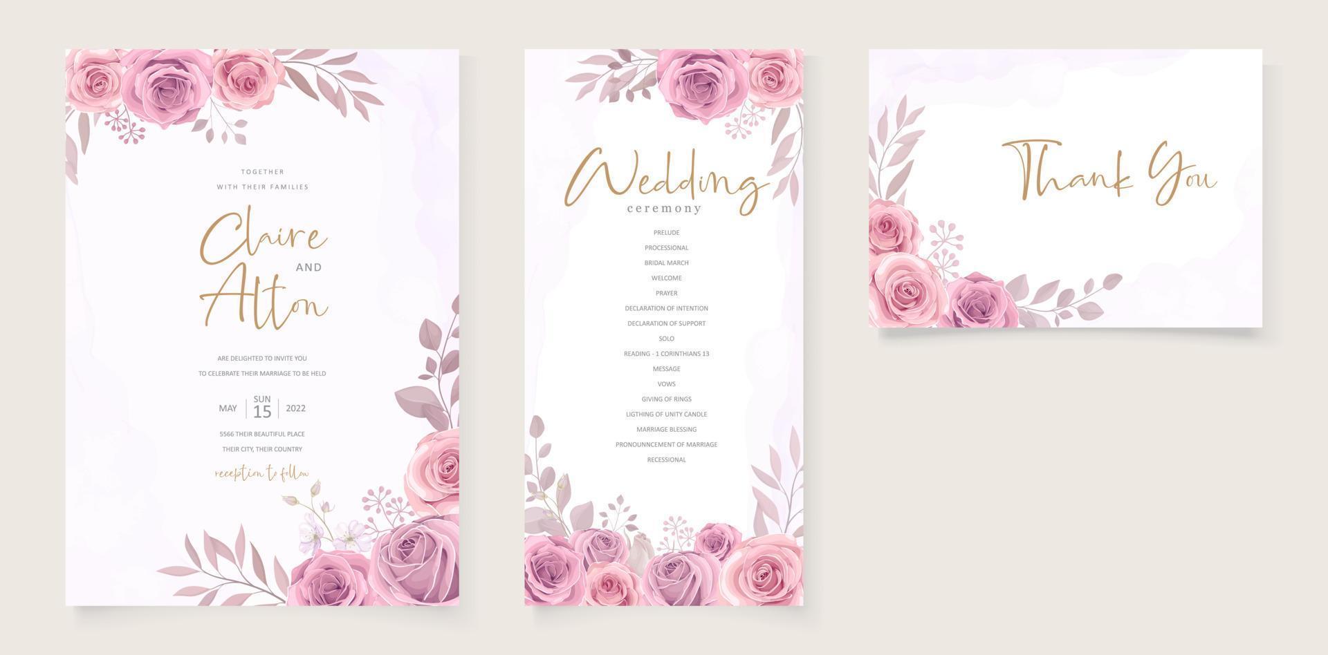 Hand drawn blooming rose flower wedding invitation template design vector