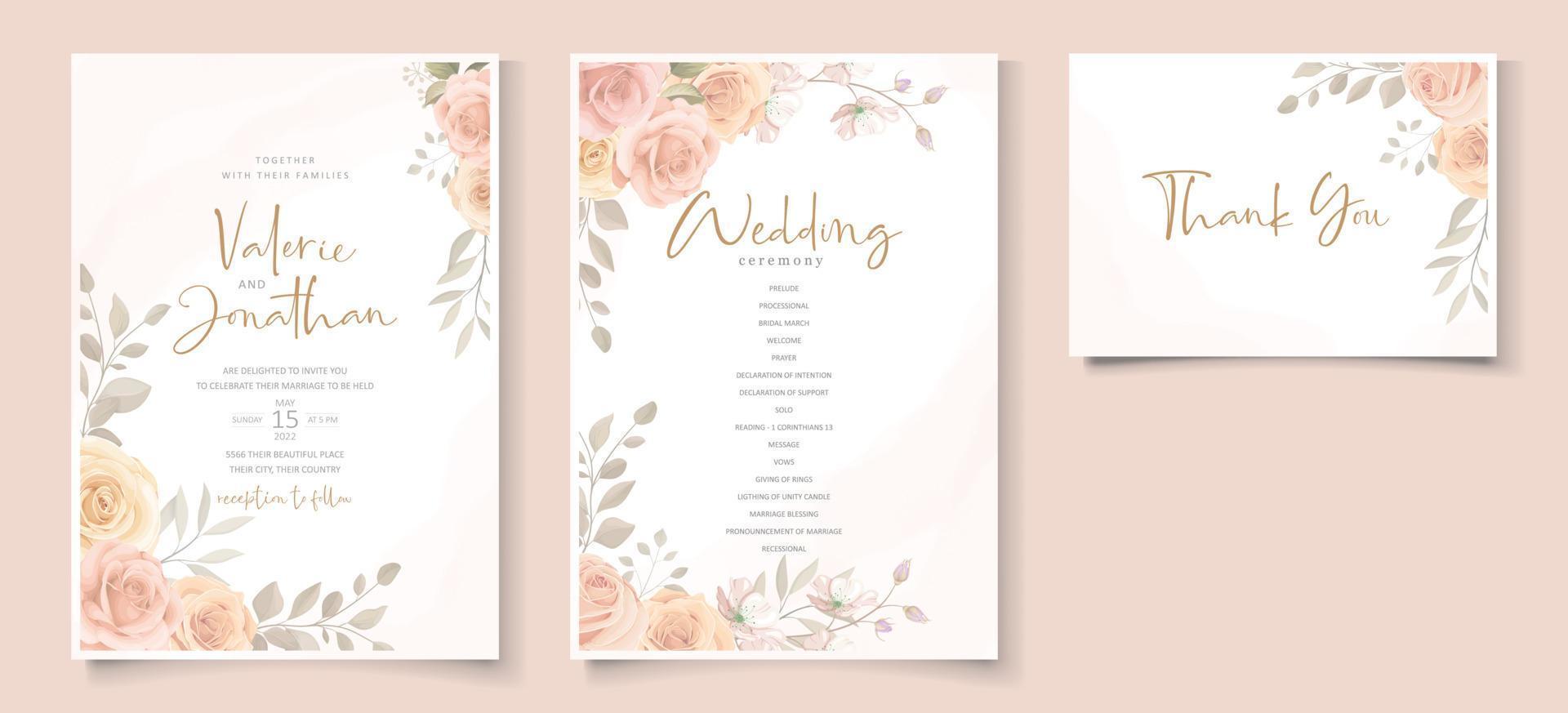 Elegant wedding invitation template with peach color floral theme vector