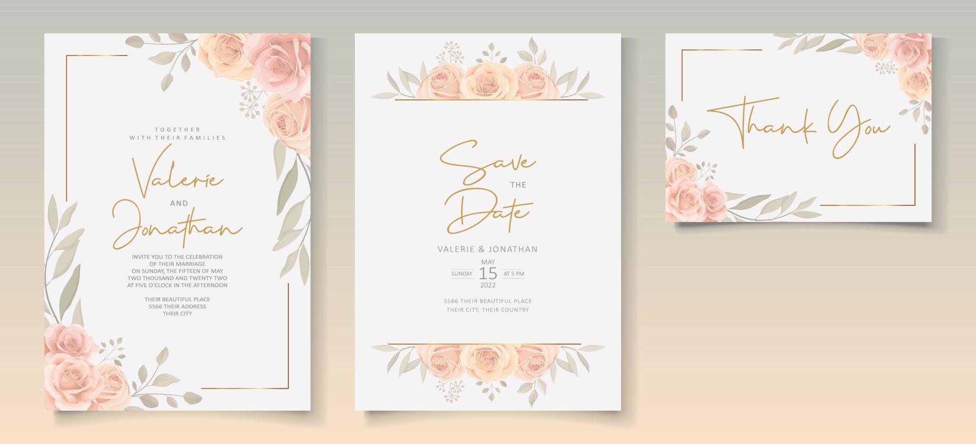 conjunto de hermosa plantilla de invitación de boda con adornos de flores rosas dibujadas a mano vector