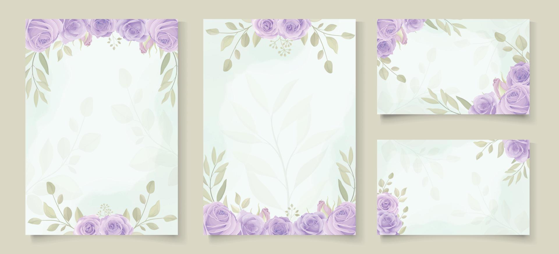 conjunto de plantilla de invitación de boda con hermoso diseño de rosas en flor púrpura vector