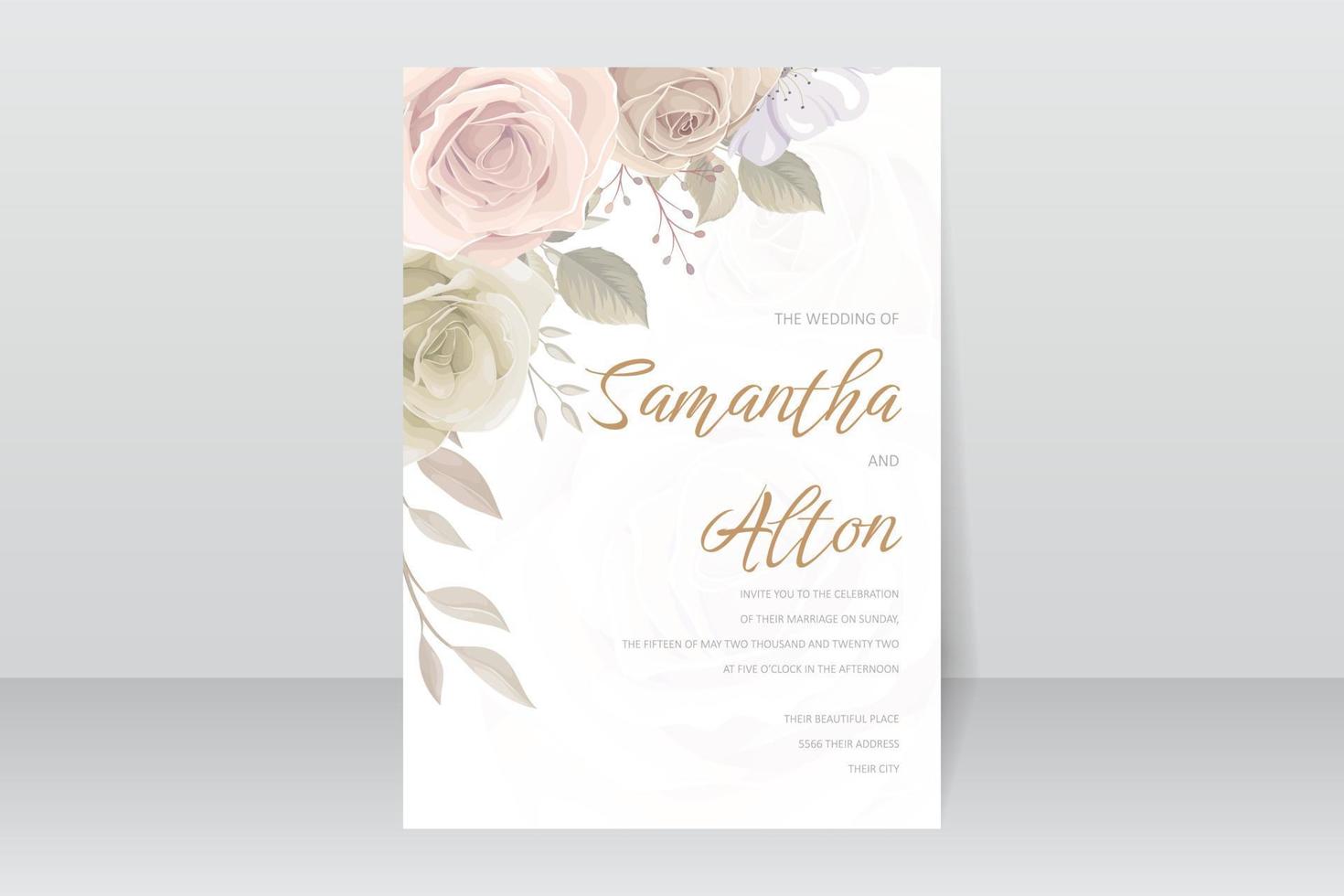Beautiful soft floral and leaves wedding invitation card vector