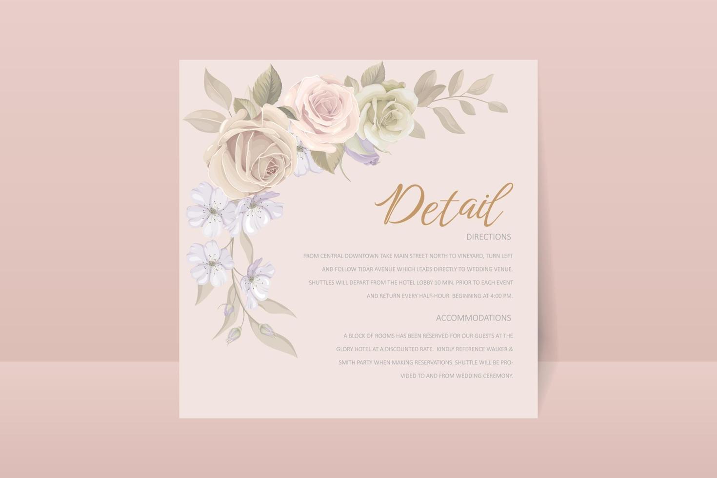 Plantilla de invitación de boda con decoración floral y hojas. vector