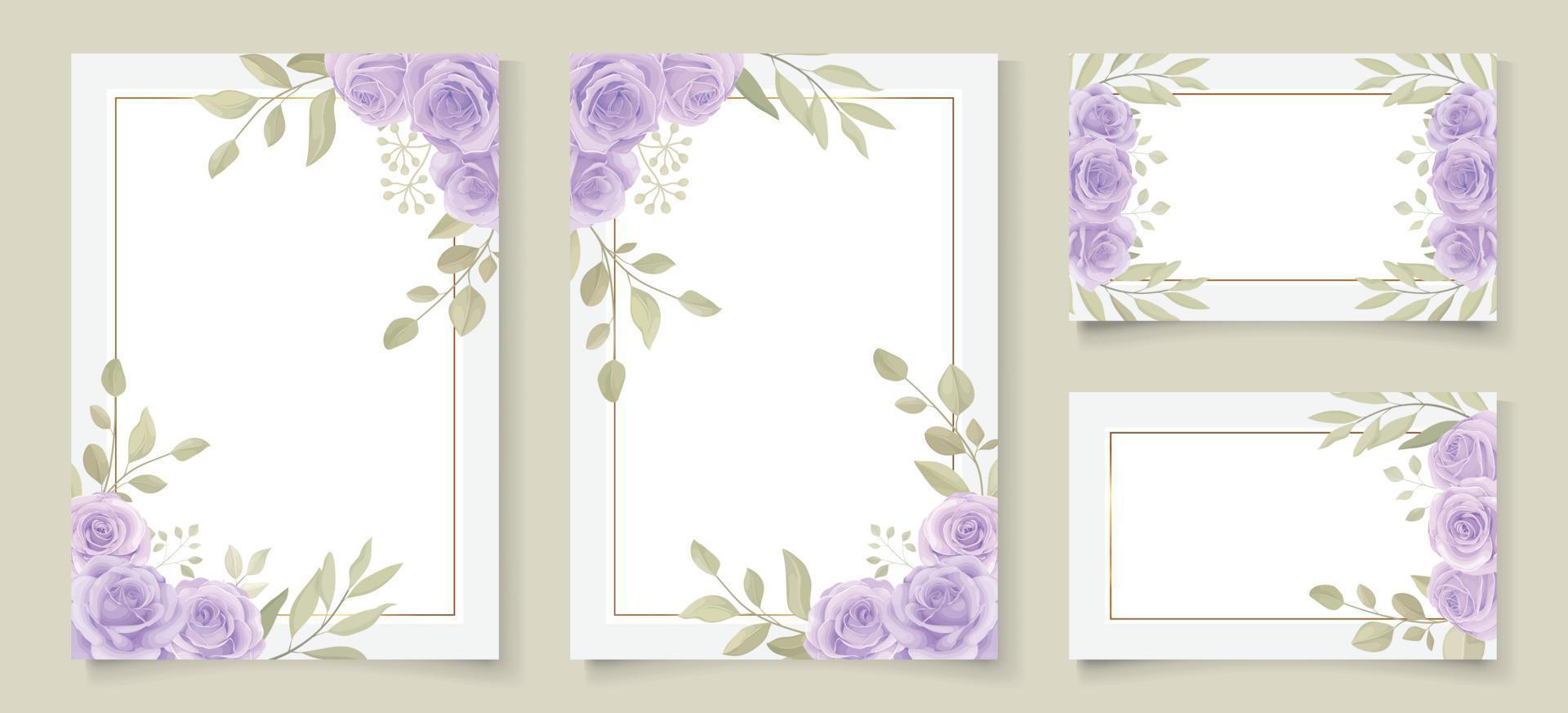 conjunto de plantilla de invitación de boda con hermoso diseño de rosas en flor púrpura vector