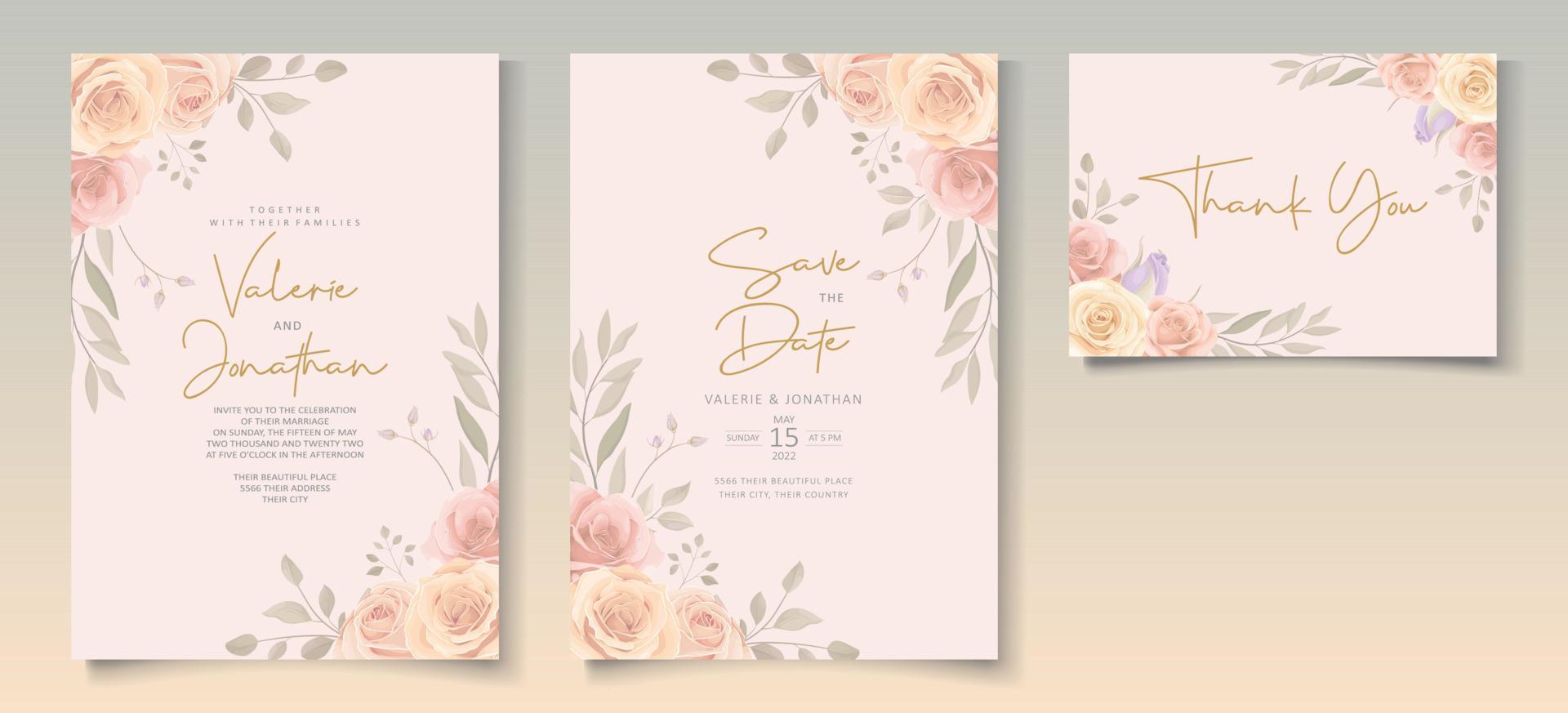 conjunto de hermosa plantilla de invitación de boda con adornos de flores rosas dibujadas a mano vector
