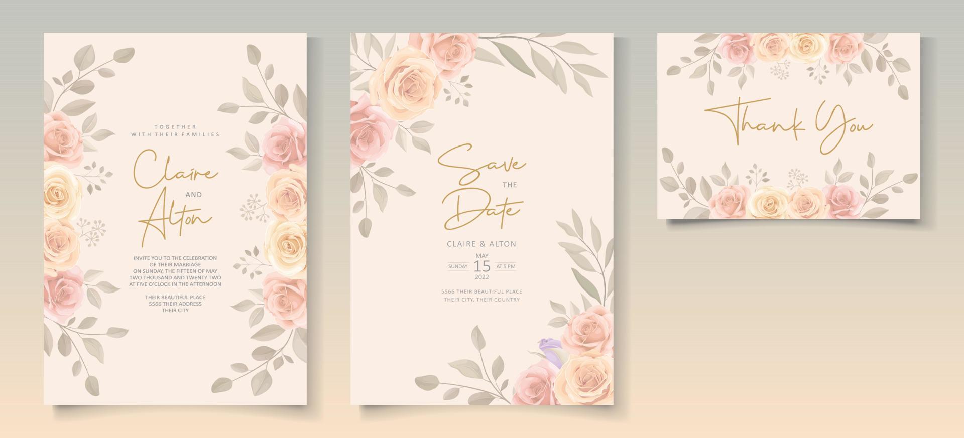 conjunto de hermosa plantilla de invitación de boda con adornos de flores rosas dibujadas a mano vector