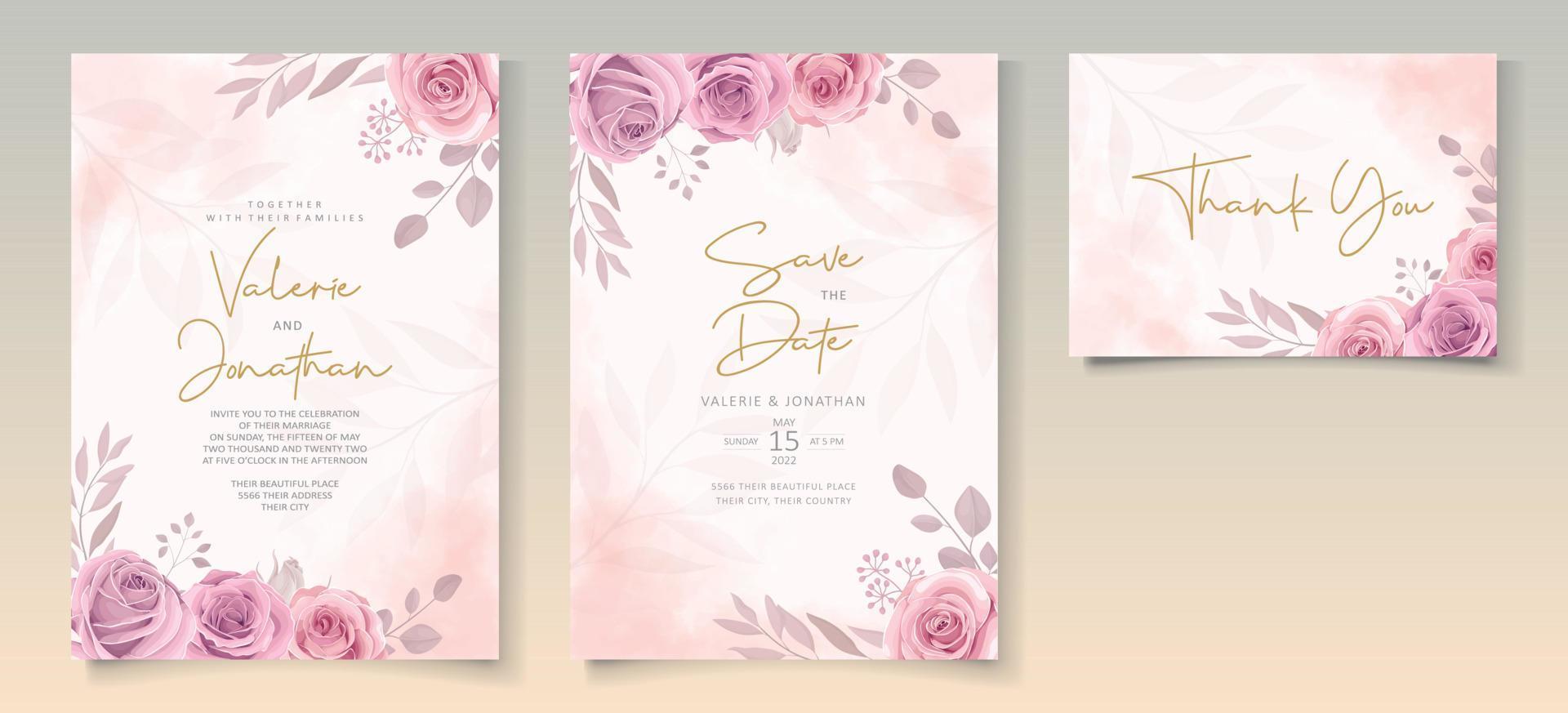 conjunto de hermosa plantilla de invitación de boda con adornos de flores rosas dibujadas a mano vector