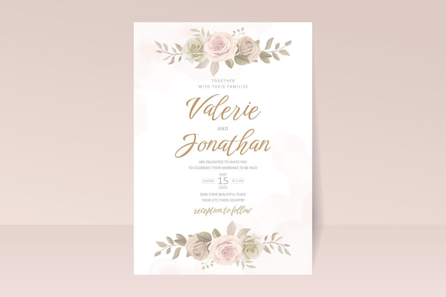 Beautiful soft floral and leaves wedding invitation card vector