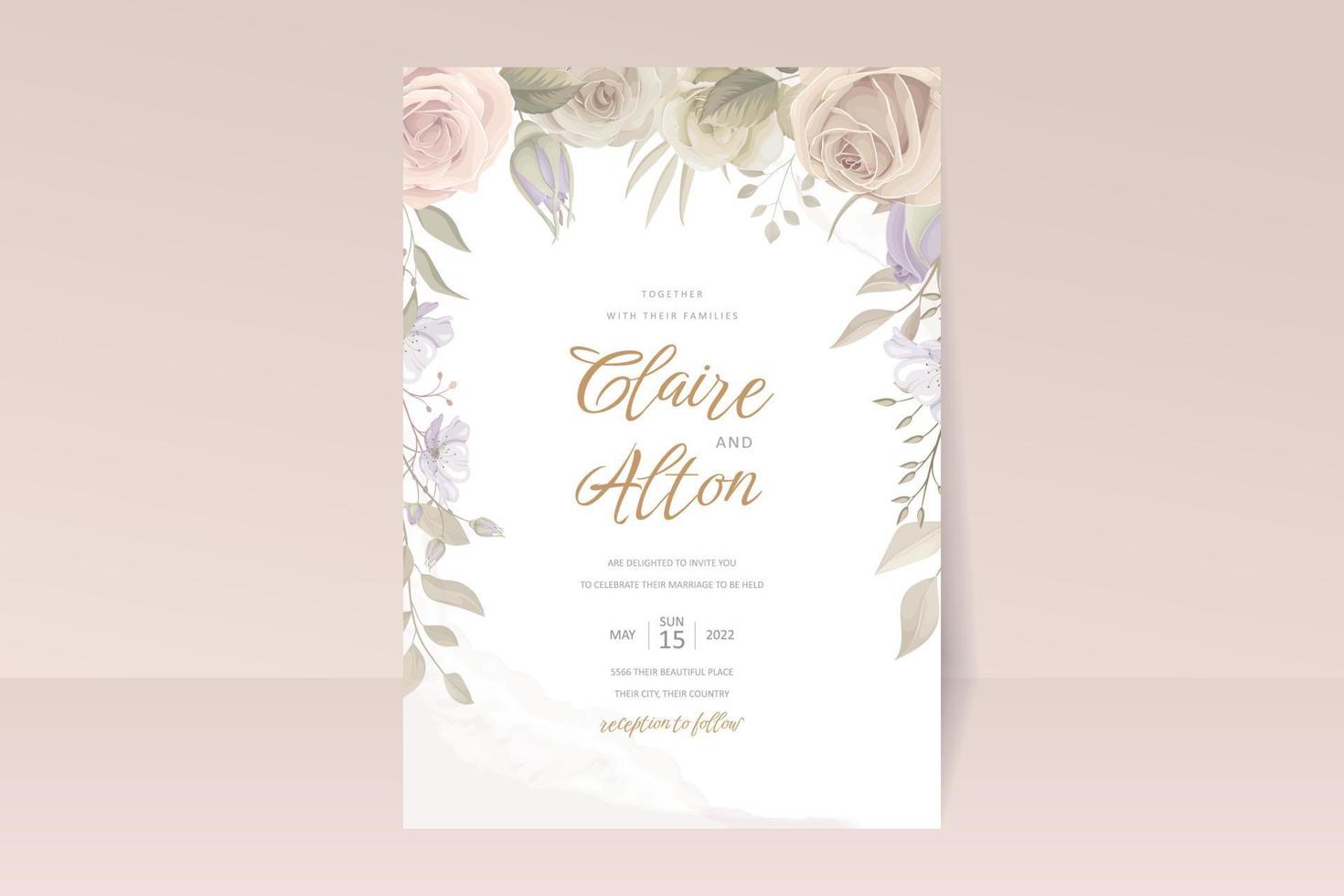 Beautiful soft floral and leaves wedding invitation card vector