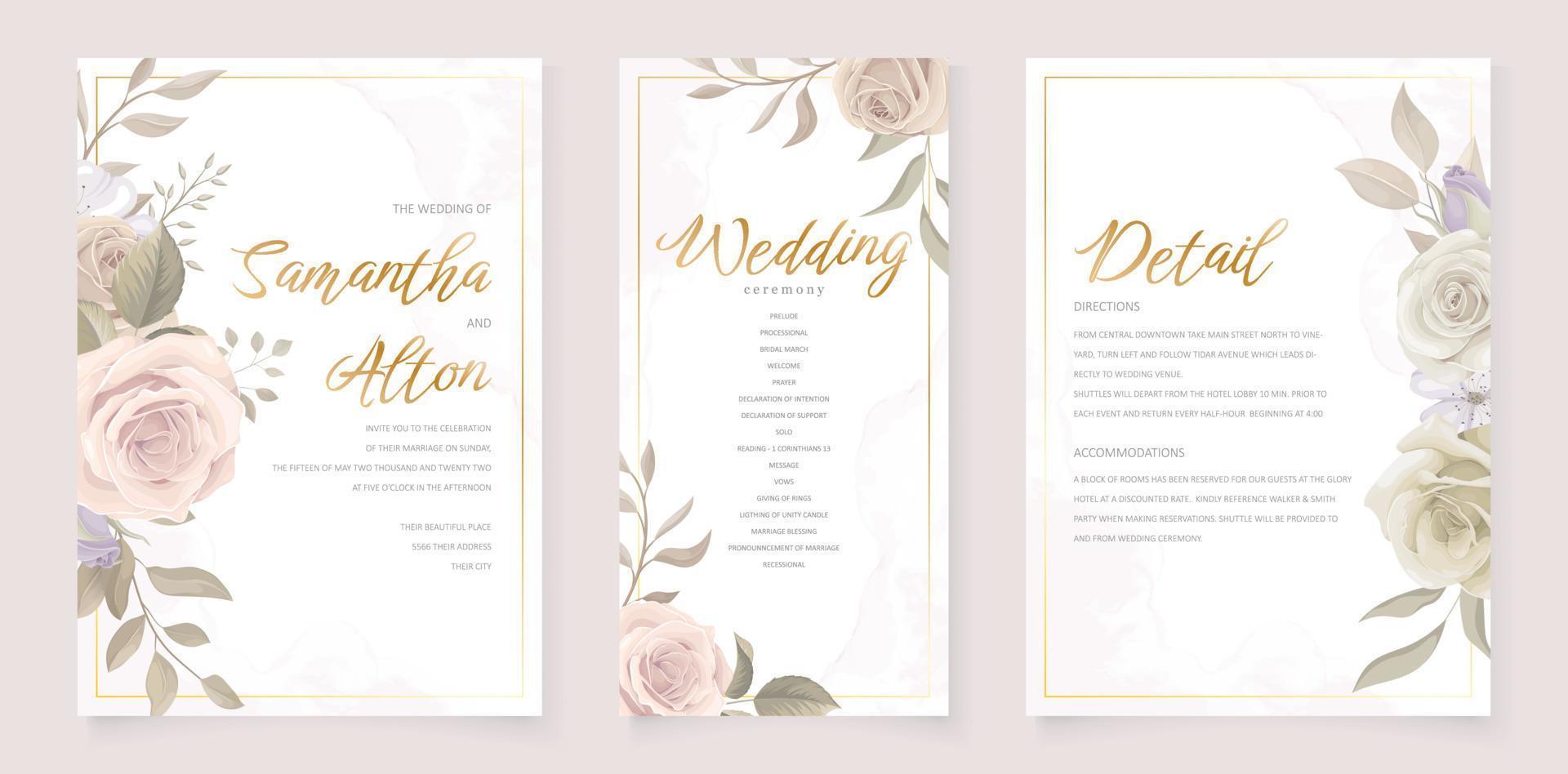 Beautiful soft floral and leaves wedding invitation card vector