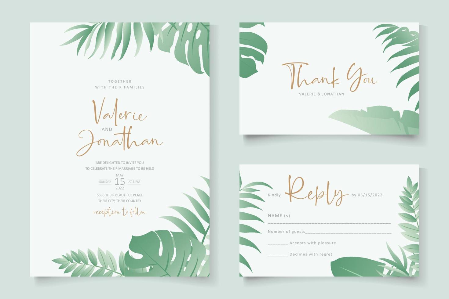 Summer wedding card design with tropical leaf ornament vector