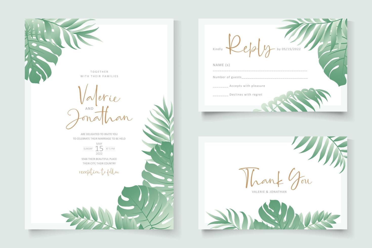 Summer wedding card design with tropical leaf ornament vector