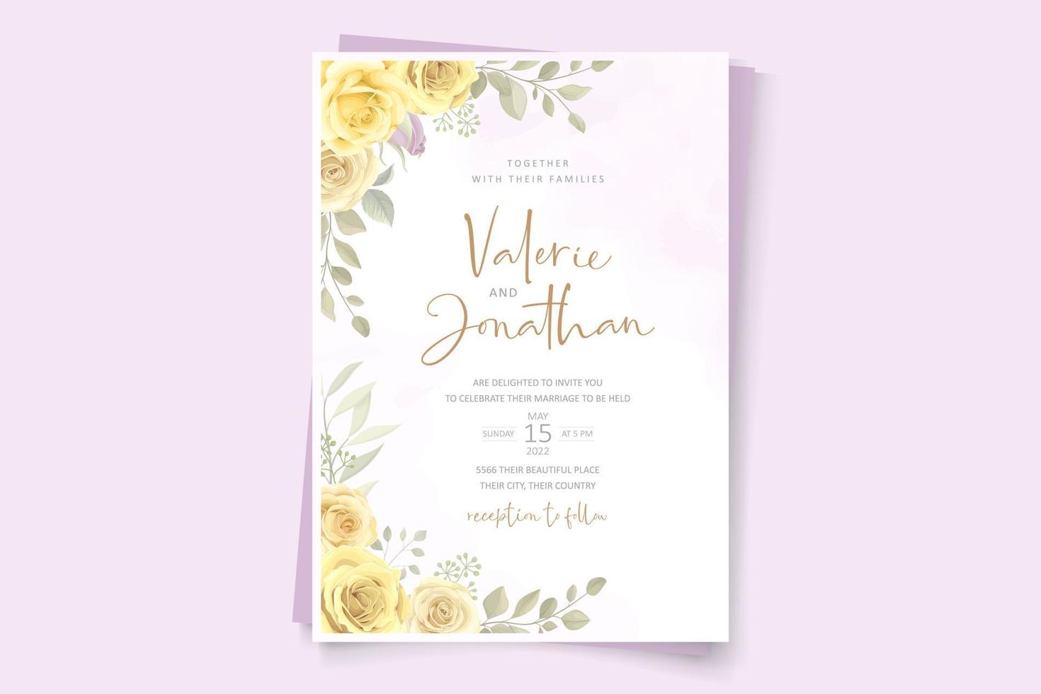 Plantilla de tarjeta de boda con tema de adornos florales amarillos dibujados a mano vector