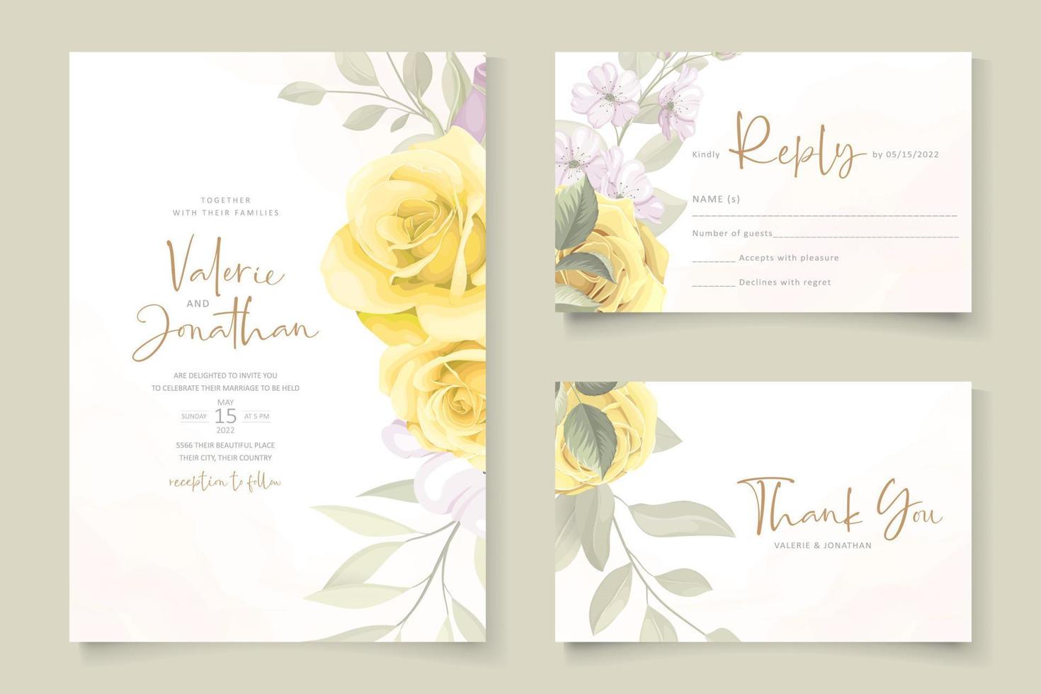 Plantilla de tarjeta de boda con tema de adornos florales amarillos dibujados a mano vector