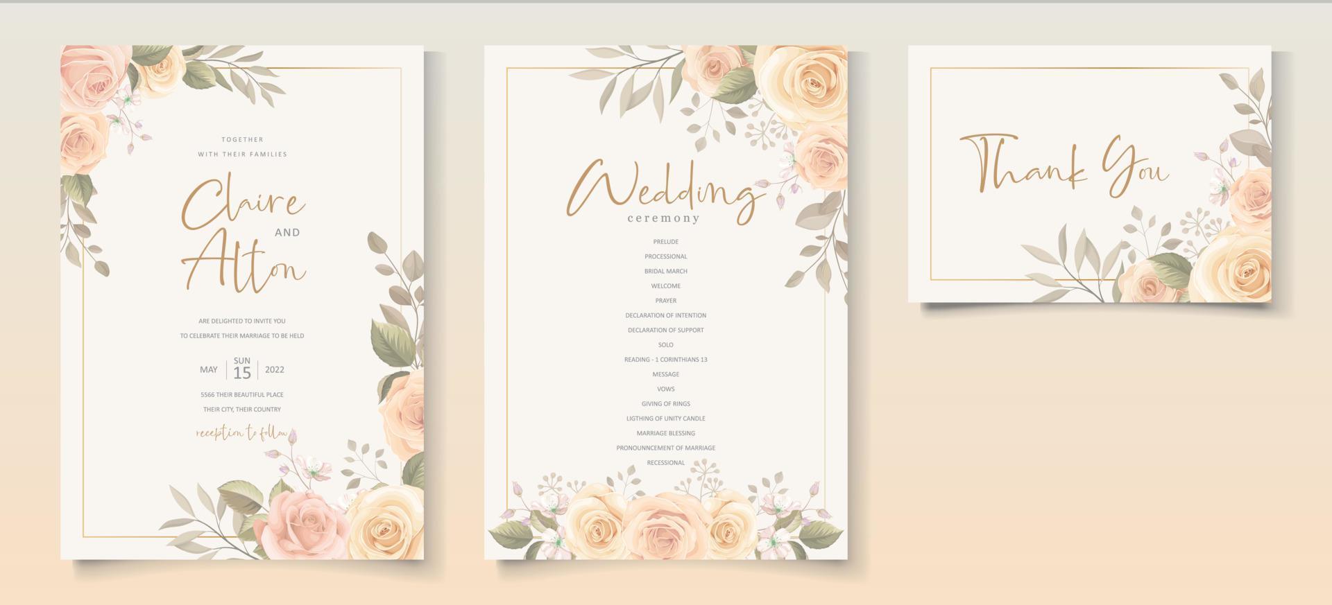 Hand drawn blooming rose flower wedding invitation template design vector
