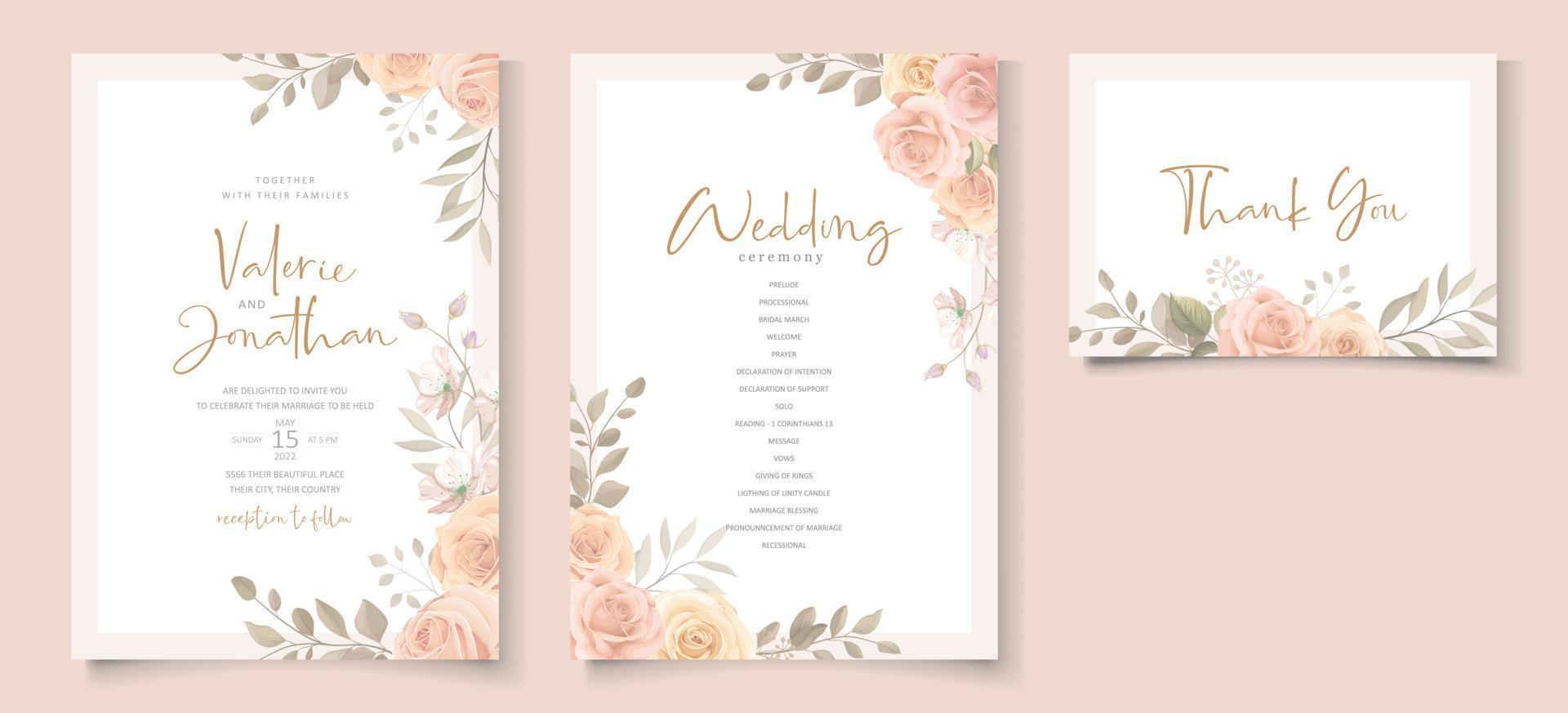 Elegant wedding invitation template with peach color floral theme vector