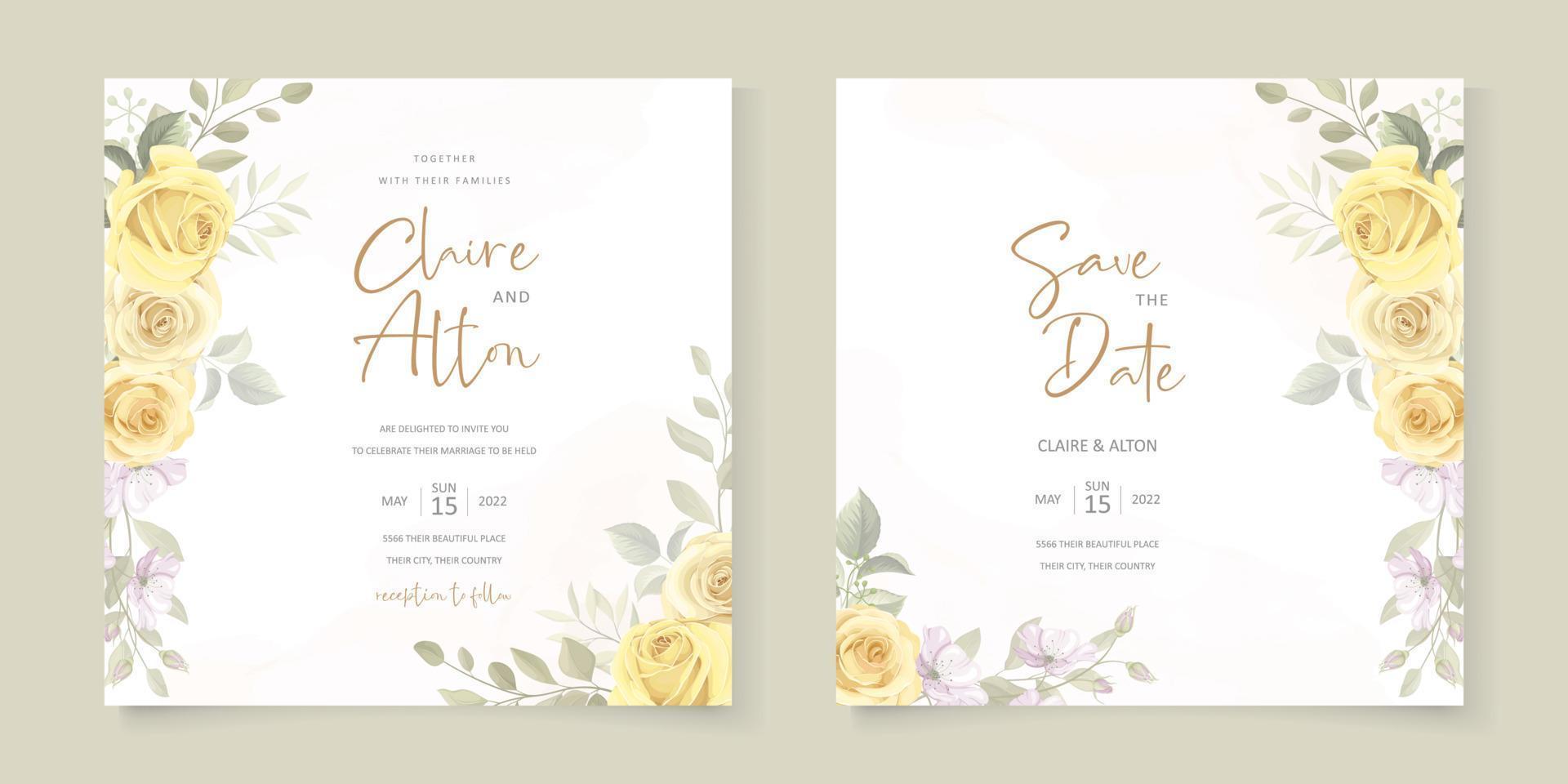 Plantilla de tarjeta de boda con tema de adornos florales amarillos dibujados a mano vector