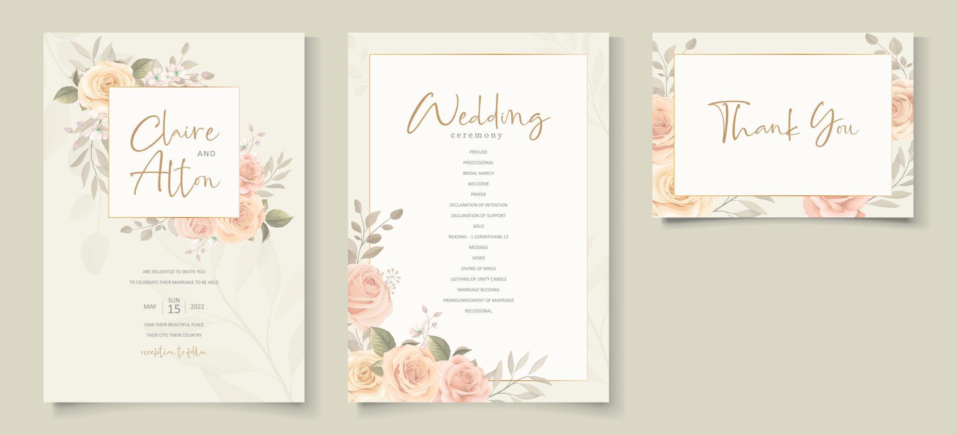 Elegant wedding invitation template with peach color floral theme vector