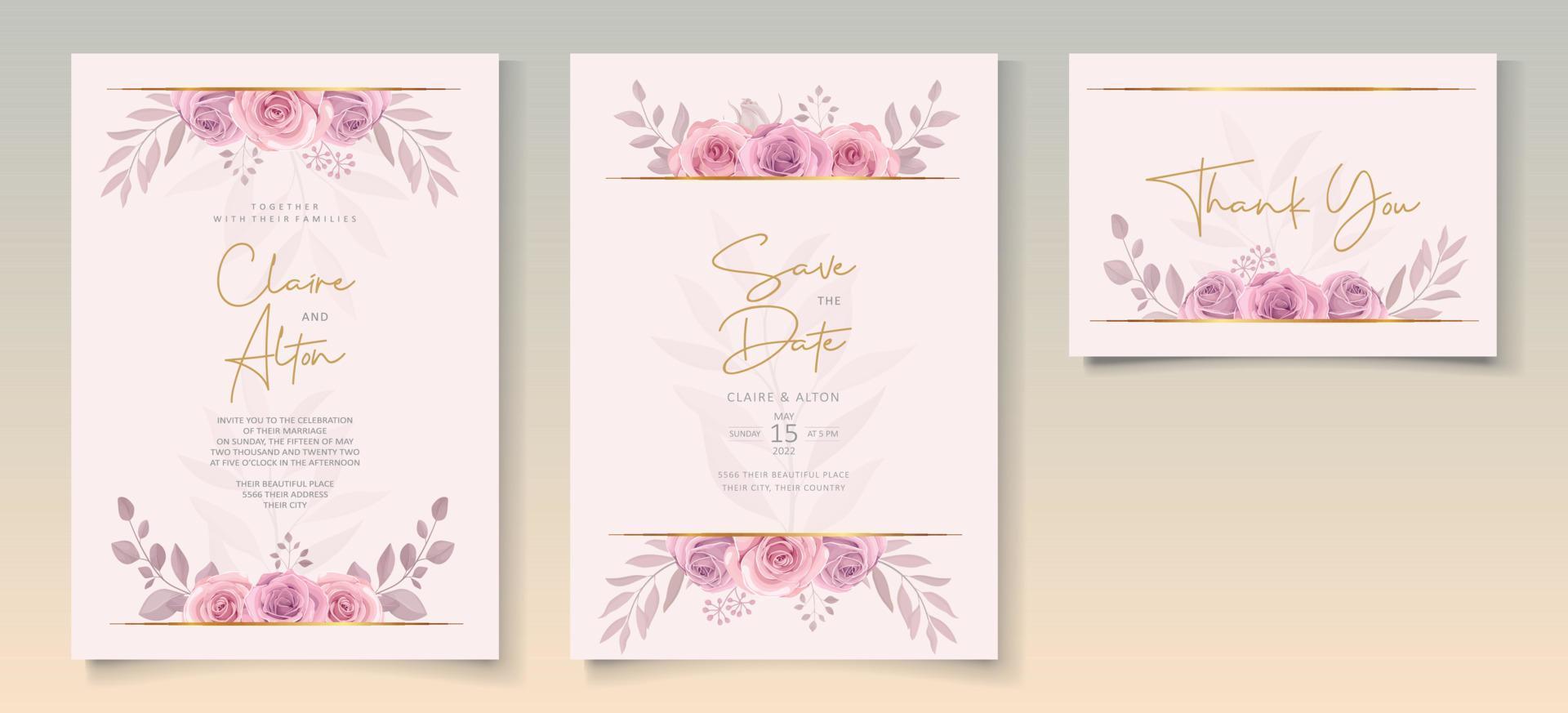 Set of beautiful wedding invitation template with hand drawn roses flower ornament vector