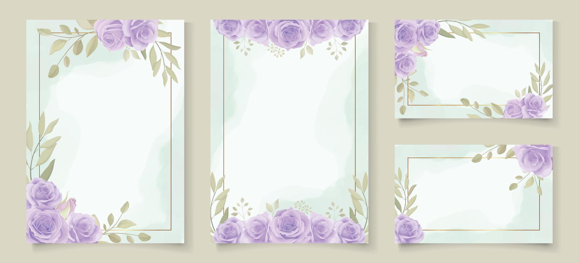 conjunto de plantilla de invitación de boda con hermoso diseño de rosas en flor púrpura vector
