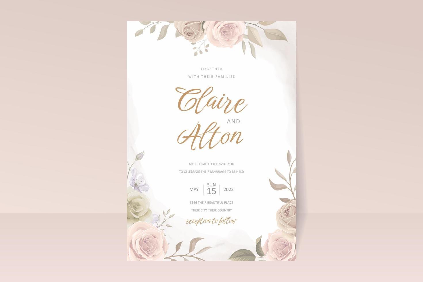 hermosa tarjeta de invitación de boda floral suave y hojas vector