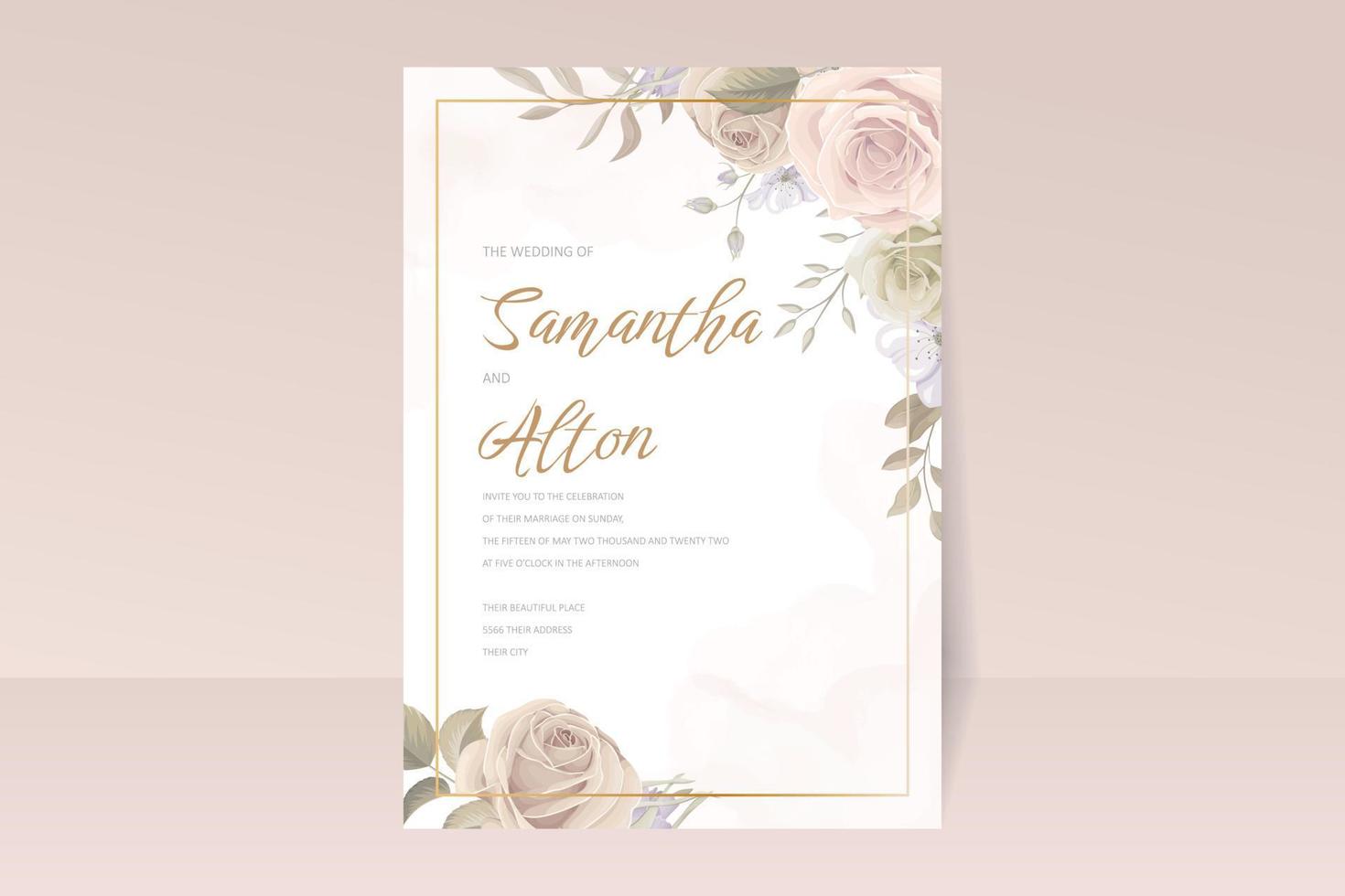 hermosa tarjeta de invitación de boda floral suave y hojas vector