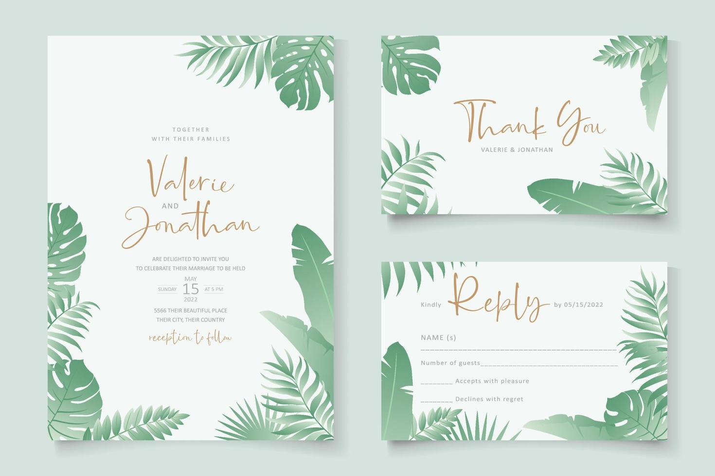 Summer wedding card design with tropical leaf ornament vector