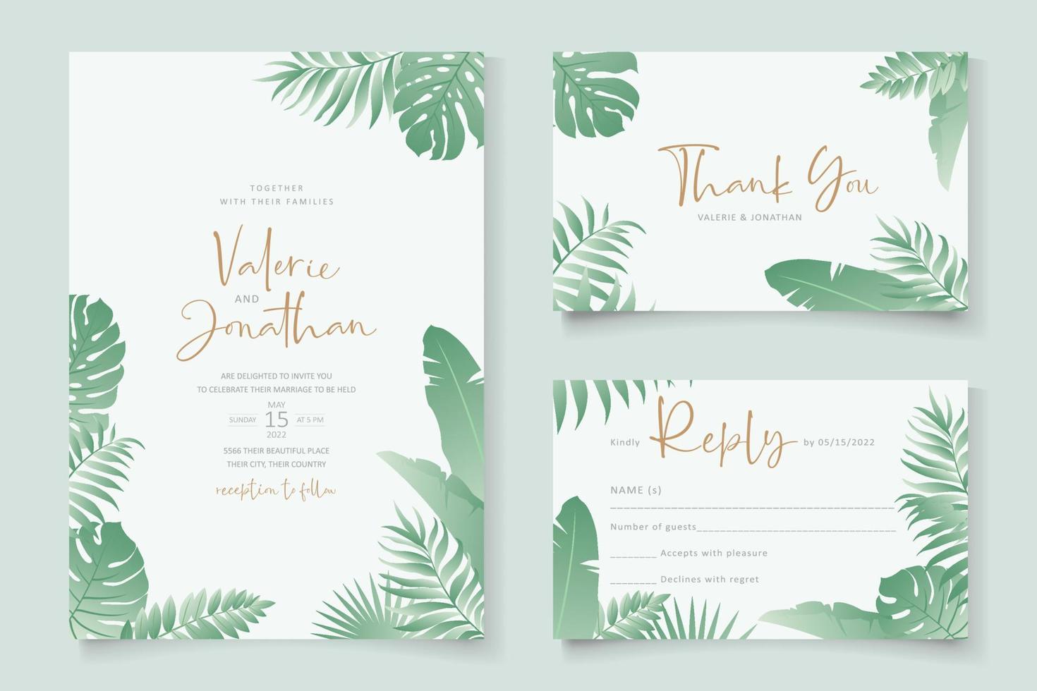 diseño de tarjeta de boda de verano con adornos de hojas tropicales vector