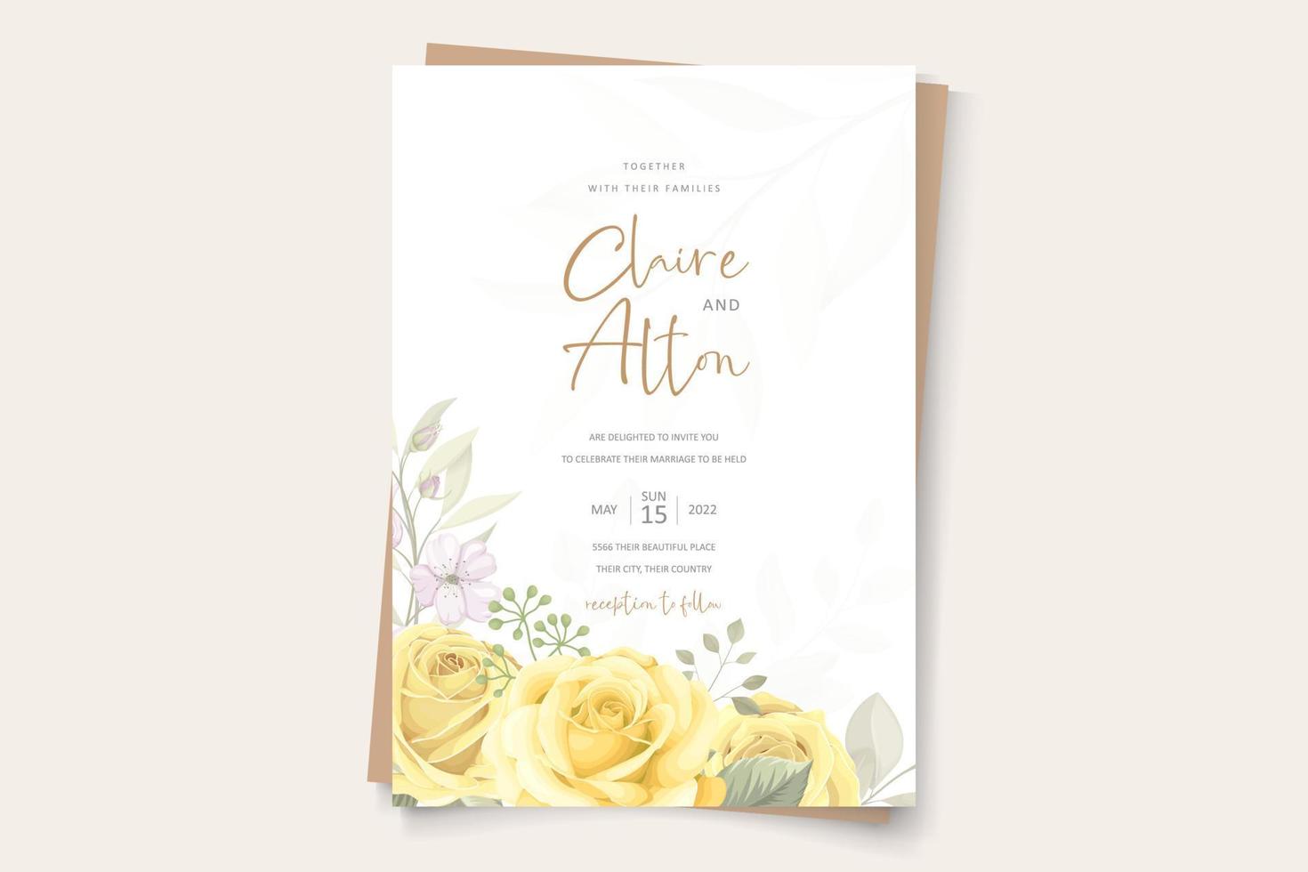 Hand drawn blooming rose flower wedding invitation template design vector