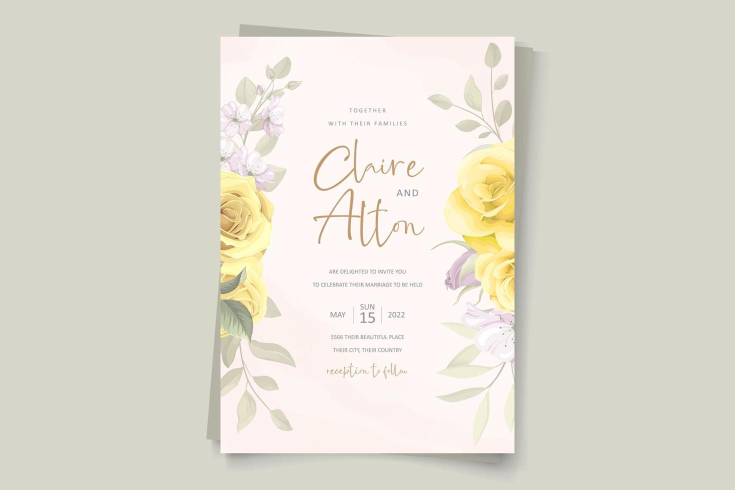 Wedding card template with hand drawn yellow floral ornaments theme vector