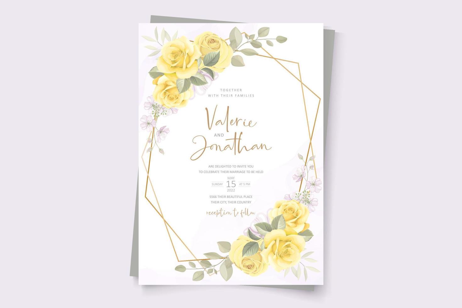 Plantilla de tarjeta de boda con tema de adornos florales amarillos dibujados a mano vector