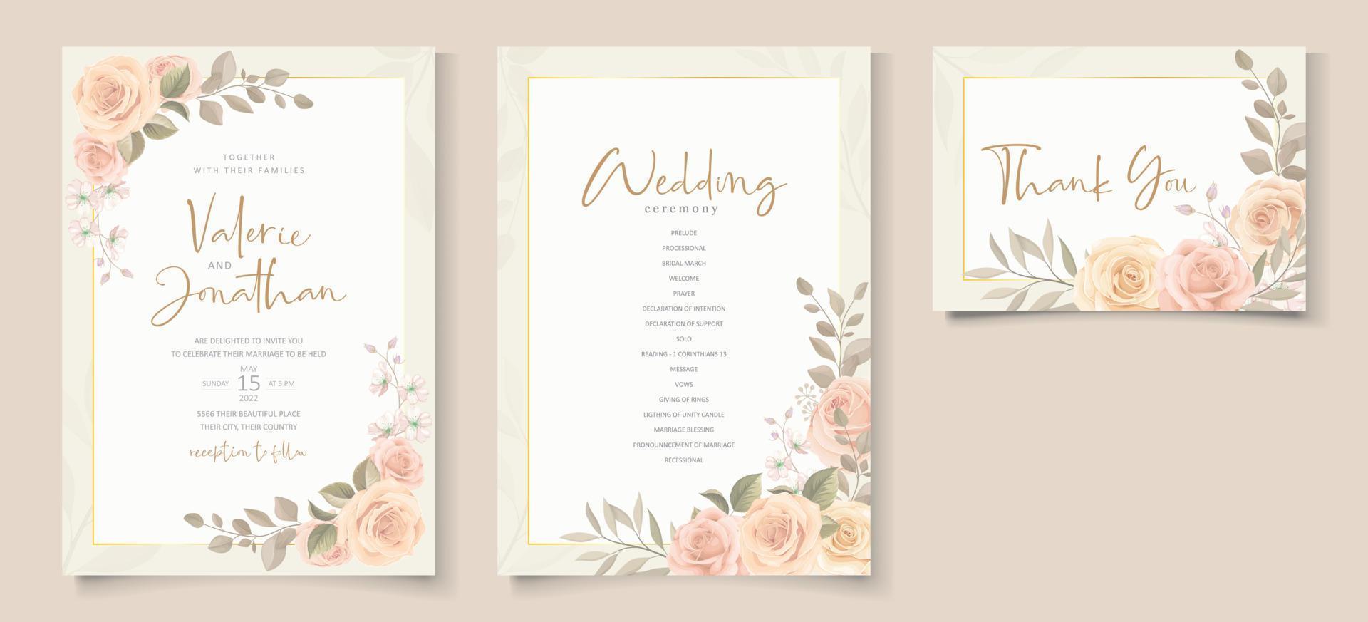 Elegant wedding invitation template with peach color floral theme vector