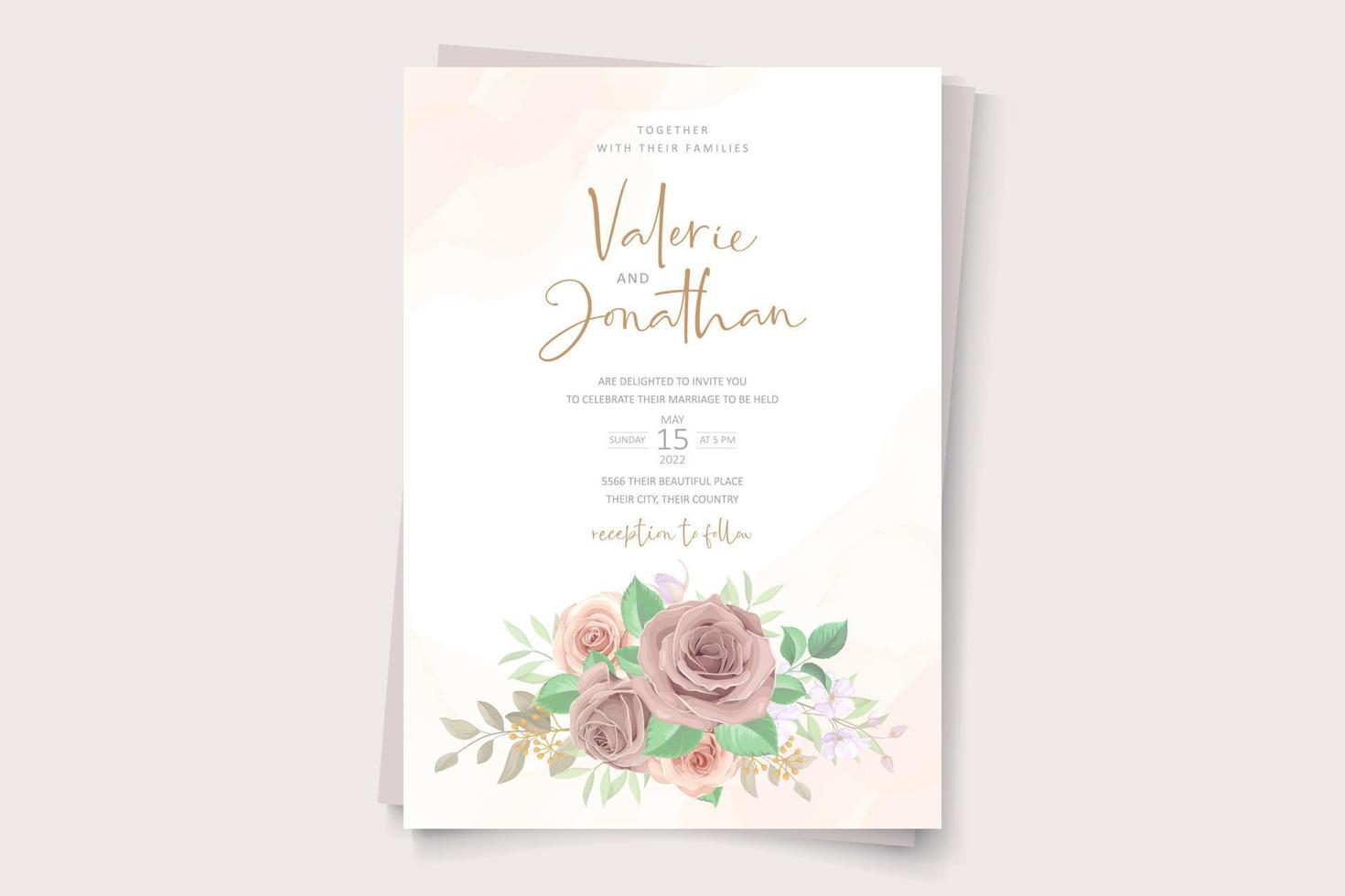 elegante plantilla de invitación de boda con adornos florales de color suave vector